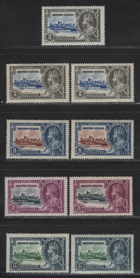 Lot 253 British Guiana SG#301-304 2c - 24c Ultramarine & Gray - Slate & Bright Purple Windsor Castle, 1935 Silver Jubilee Issue, 9 VFOG Singles, Vignette & Frame Shade Lot