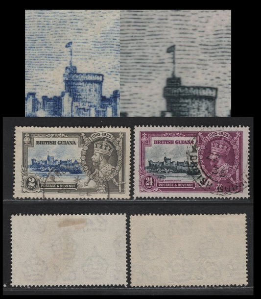 Lot 258 British Guiana SG#301, 304 2c - 24c Deep Ultramarine & Pale Gray - Slate & Bright Purple Windsor Castle, 1935 Silver Jubilee Issue, 2 Very Fine Used Singles, Broken Flagstaff