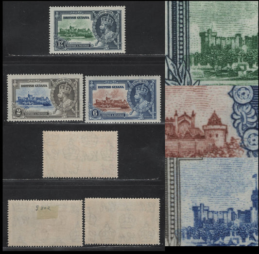 Lot 259 British Guiana SG#301-303 2c - 12c Ultramarine & Pale Gray - Green & Indigo Windsor Castle, 1935 Silver Jubilee Issue, 3 VFOG Singles, Constant Or Non-Constant Flaws Of The Vignette Plate