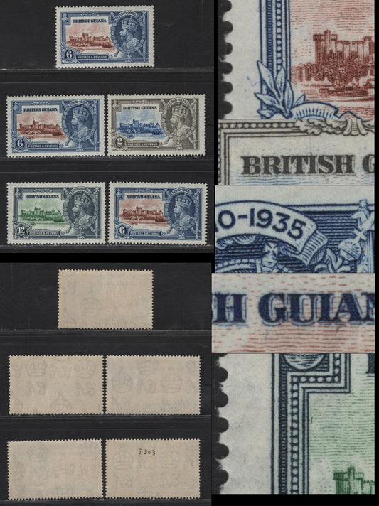 Lot 260 British Guiana SG#301-303var 2c - 12c Ultramarine & Pale Gray - Green & Indigo Windsor Castle, 1935 Silver Jubilee Issue, 5 VFOG Singles, Constant Or Non-Constant Plate Flaws Of The Frame Plate