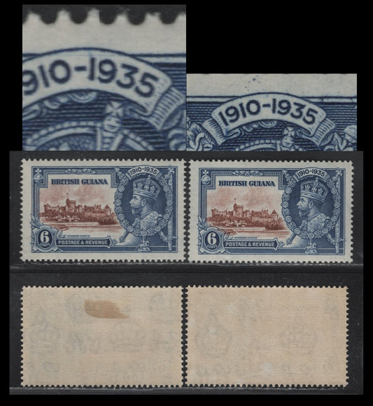 Lot 261 British Guiana SG#302var 6c Chestnut & Deep Dull Blue Windsor Castle, 1935 Silver Jubilee Issue, 2 VFOG/NH Singles, Light Horizontal Guideline Above Dates, One Being Almost Entirely Erased, But Leaving Just Enough To Know It Was There.