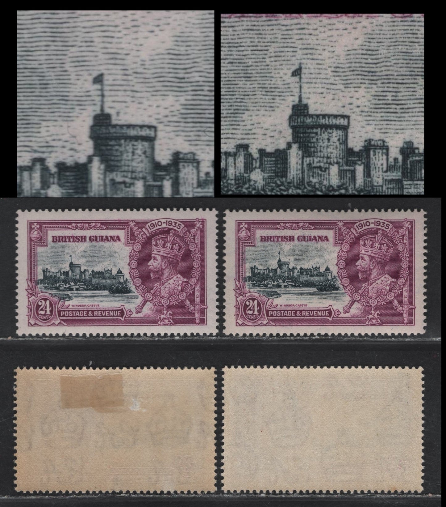 Lot 263 British Guiana SG#304var 24c Slate & Bright Purple Windsor Castle, 1935 Silver Jubilee Issue, 2 VFOG Singles, Constant or Non-Constant Plate Flaws Involving the Frame Plate