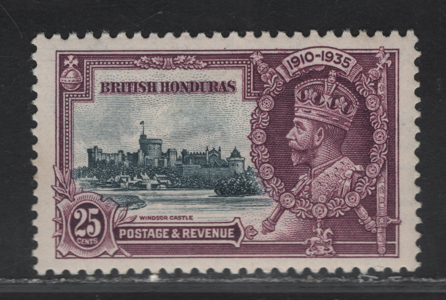 Lot 265 British Honduras SG#146b 25c Slate & Purple Windsor Castle, 1935 Silver Jubilee Issue, A VFOG Single, Short Extra Flagstaff From Plate 2 Row 2/1