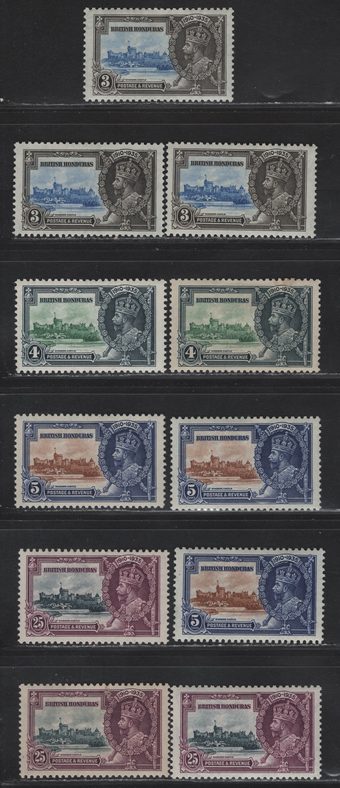 Lot 266 British Honduras SG#143-146 3c - 25c Ultramarine & Gray Black - Slate & Purple Windsor Castle, 1935 Silver Jubilee Issue, 10 VFOG Singles, Shade Lot That Shows The Subtle Differences In Vignette & Frame Shades That Can be Found