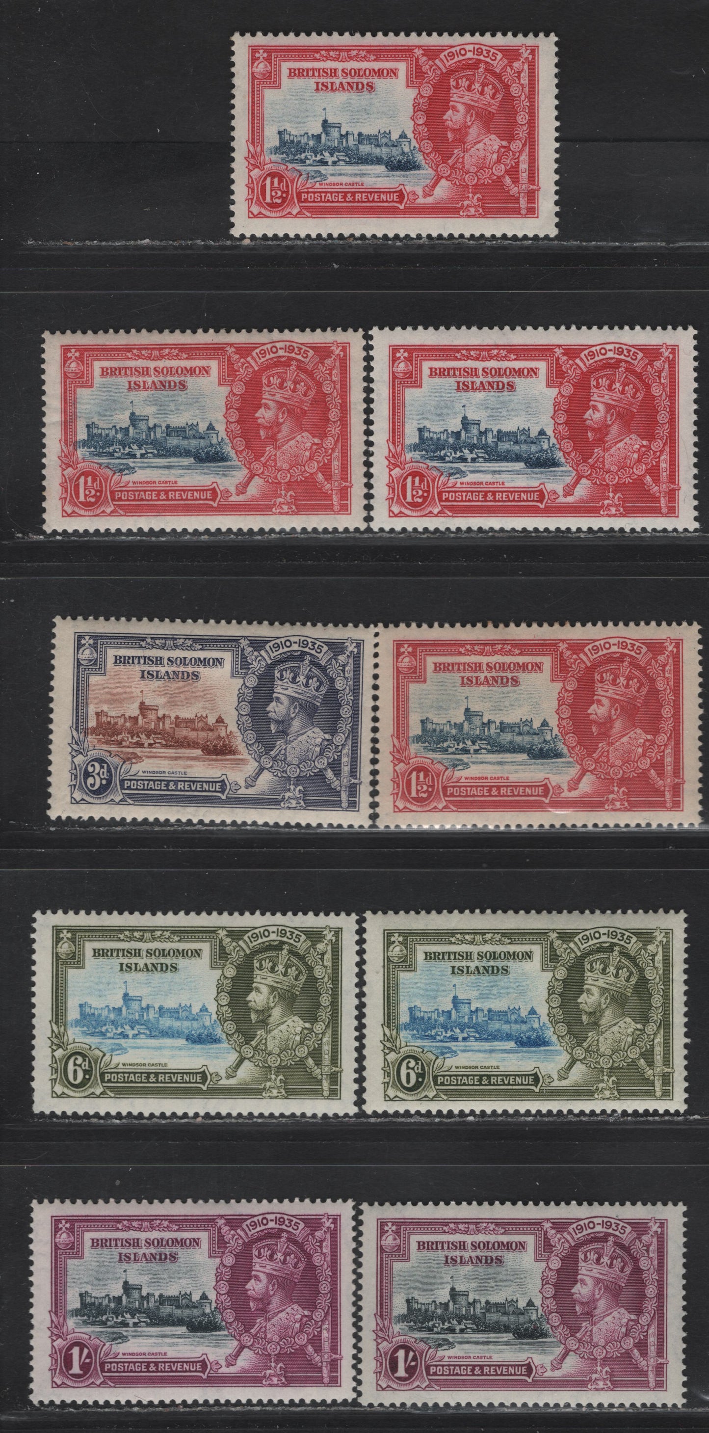 Lot 269 British Solomon Islands SG#53-56var 1.5d - 1/- Gray Blue & Carmine - Slate & Purple Windsor Castle, 1935 Silver Jubilee Issue, 9 F/VFOG Singles, Shade Lot Showing Some Of The Shades That Can Be Found On The Frames & Vignettes Of This Issue