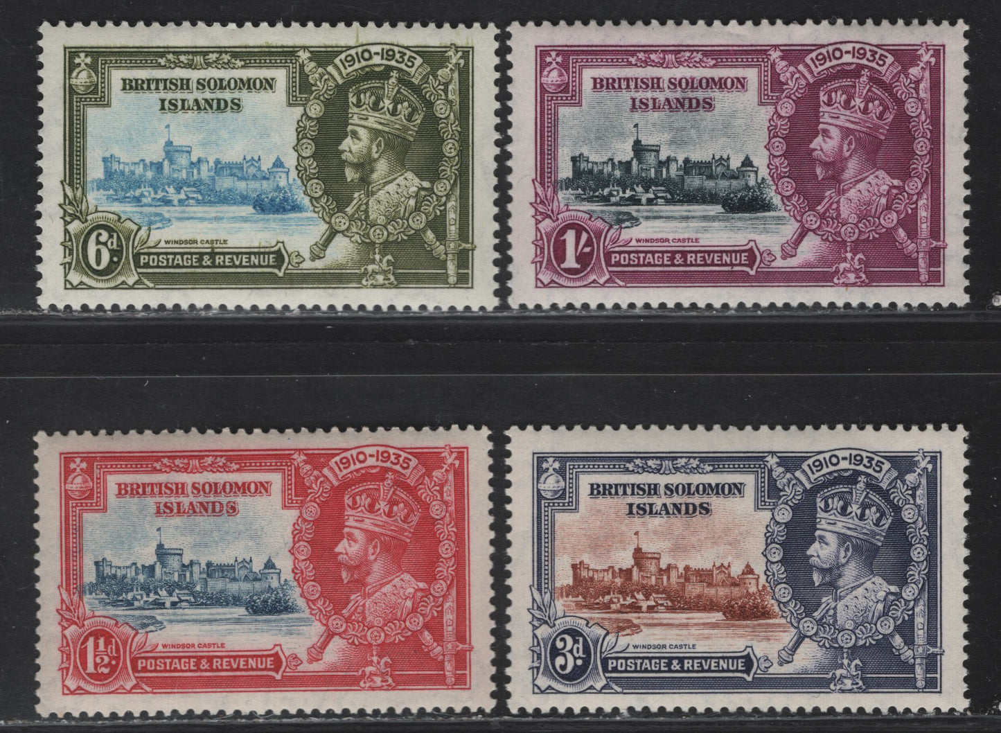 Lot 270 British Solomon Islands SG#53-56 1.5d - 1/- Deep Gray Blue & Carmine - Slate & Bright Purple Windsor Castle, 1935 Silver Jubilee Issue, 4 VFNH Singles, NH Set