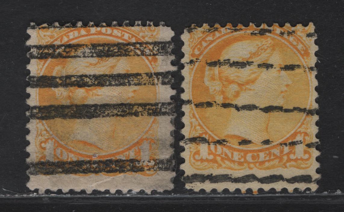 Lot 27 (C) Canada #35xx (Walburn D35 & N35) 1c Yellow Queen Victoria, 1870-1893 Small Queen Issue, 2 Good/Very Good Used Singles, Late Second Ottawa Printing, Papers 2O-C (Perf 12) & 2O-S (Perf 12x12.1), Style D & N Precancels.