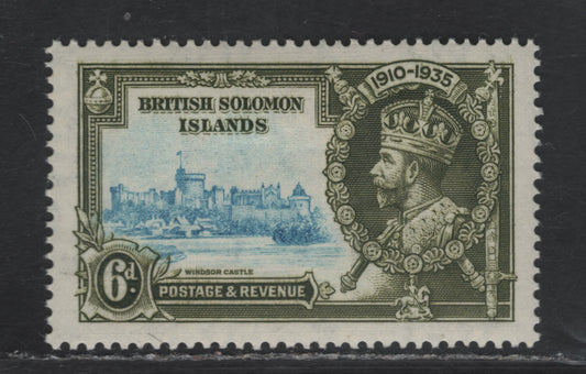Lot 272 British Solomon Islands SG#55b 6d Light Blue & Olive Green Windsor Castle, 1935 Silver Jubilee Issue, A VFOG Single, Frame Printed Triple, Twice Albino