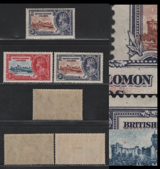Lot 275 British Solomon Islands SG#53-54var 1.5d - 3d Gray Blue & Carmine - Pale Reddish Brown & Chalky Blue Windsor Castle, 1935 Silver Jubilee Issue, 3 F/VFOG/NH Singles, Constant or Non Constant Frame Plate Flaws