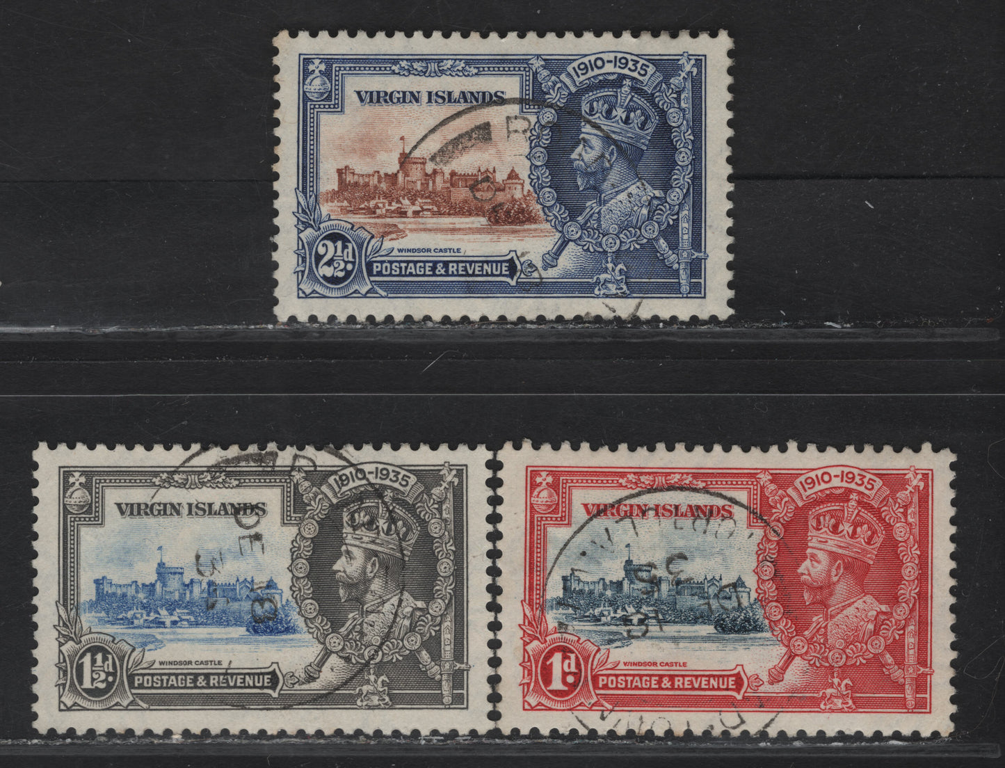 Lot 277 British Virgin Islands SG#103-105 1d - 2.5d Gray Blue & Scarlet - Chestnut & Blue Windsor Castle, 1935 Silver Jubilee Issue, 3 Very Fine Used Singles, Well Centered Postally Used Examples