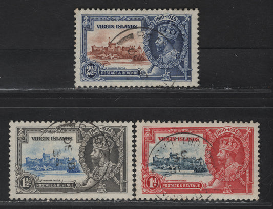 Lot 277 British Virgin Islands SG#103-105 1d - 2.5d Gray Blue & Scarlet - Chestnut & Blue Windsor Castle, 1935 Silver Jubilee Issue, 3 Very Fine Used Singles, Well Centered Postally Used Examples