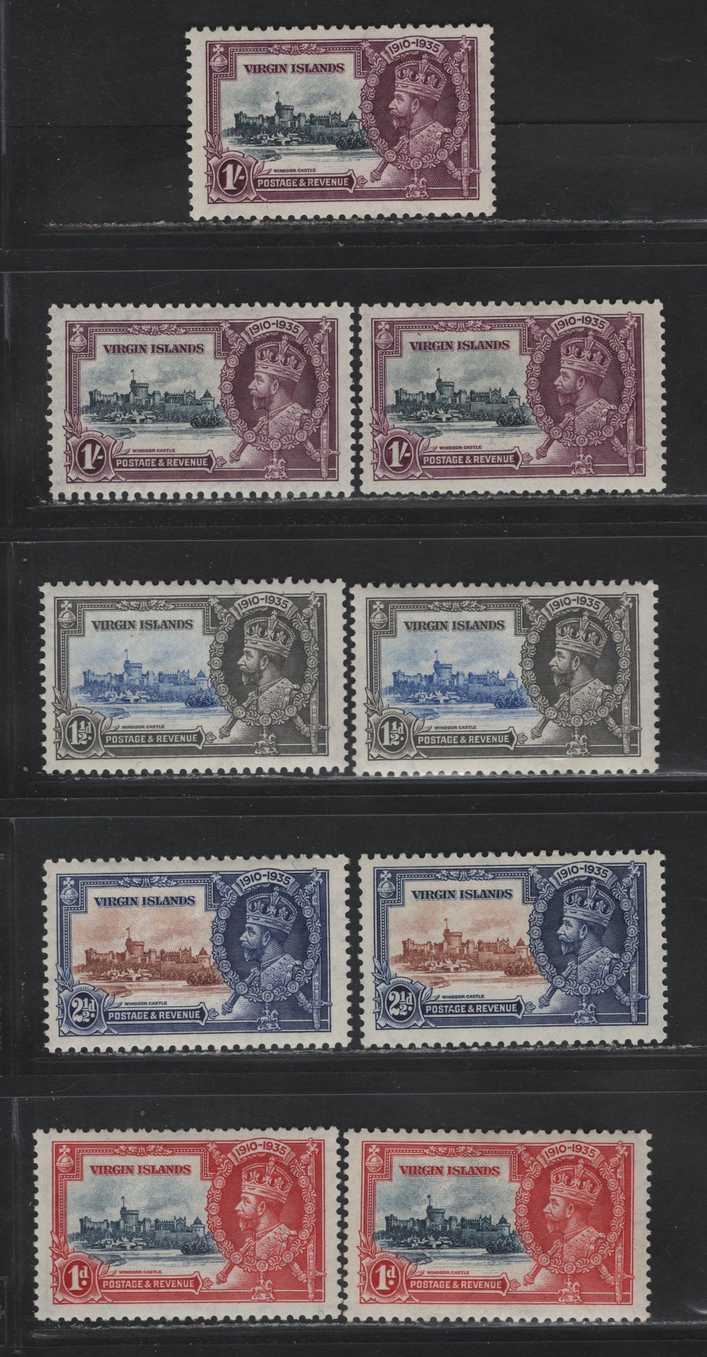 Lot 278 British Virgin Islands SG#103-106var 1d - 1/- Gray Blue & Scarlet - Slate & Dull Purple Windsor Castle, 1935 Silver Jubilee Issue, 9 VFOG Singles, Shade Grouping Showing The Subtle Shades That Can Be Found On The Vignettes & Frames