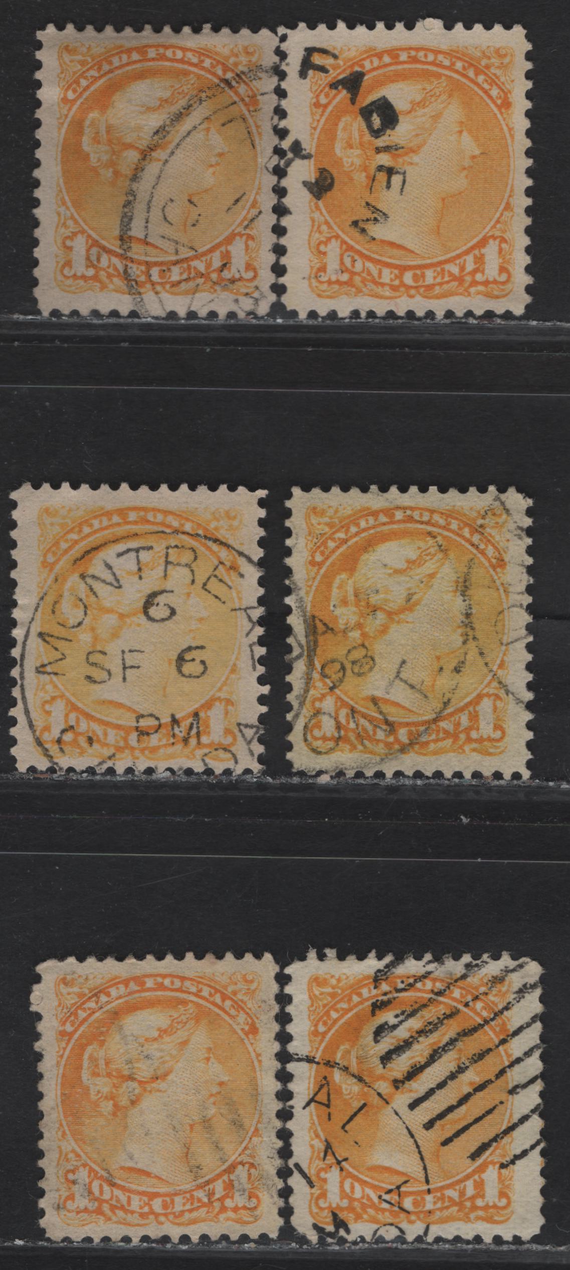 Lot 28 (C) Canada #35, 35i 1c Yellow, Pale Yellow & Bright Yellow Queen Victoria, 1870-1893 Small Queen Issue, 6 Very Good/Fine/Very Fine Used Singles, , Late Montreal & Early to Late Second Ottawa Printings, Various Papers & Perfs.
