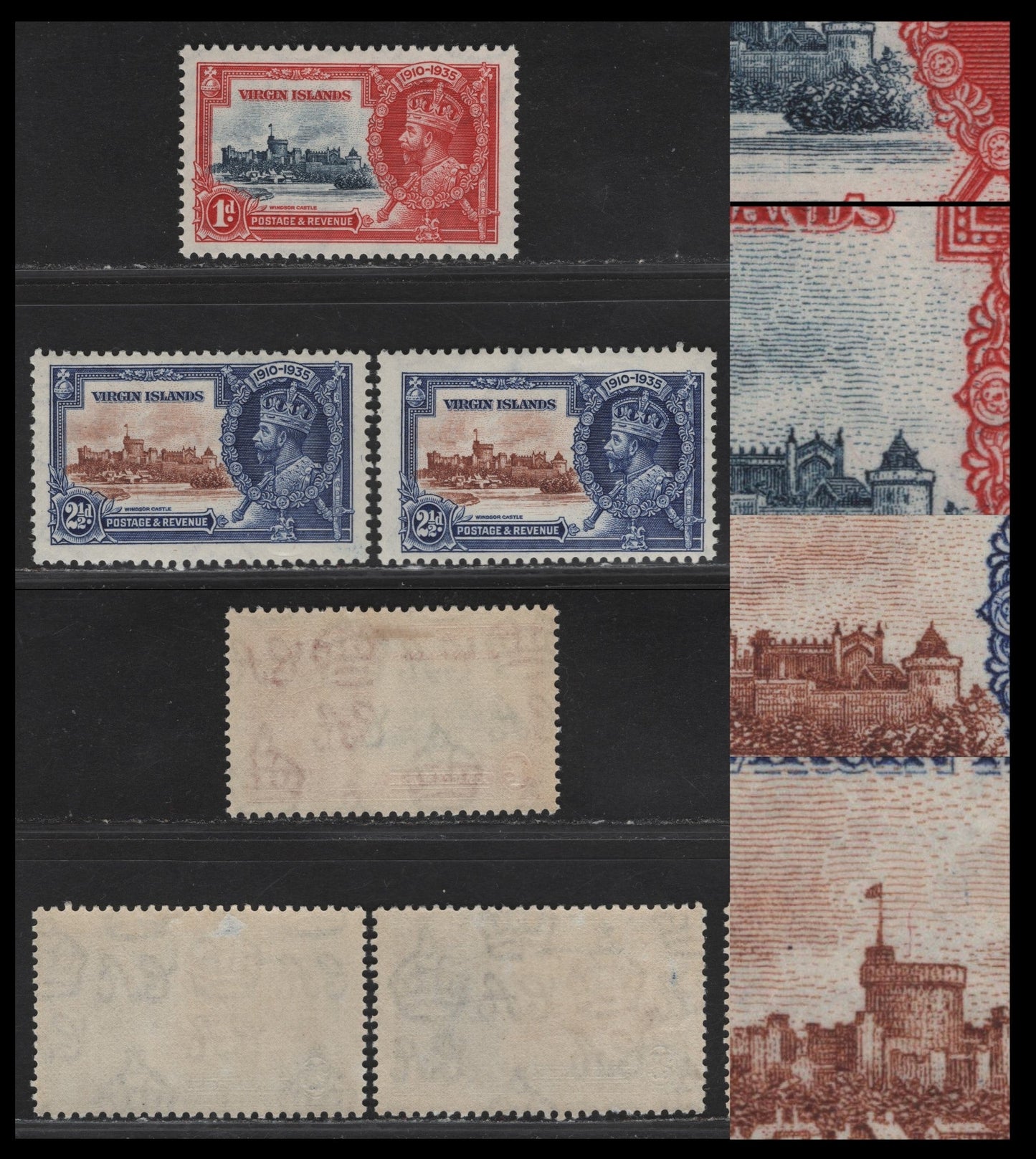 Lot 280 British Virgin Islands SG#103, 105var 1d - 2.5d Gray Blue & Scarlet - Chestnut & Bright Blue Windsor Castle, 1935 Silver Jubilee Issue, 3 F/VFOG Singles, Constant or Non Constant Varieties Involving The Vignette Plates