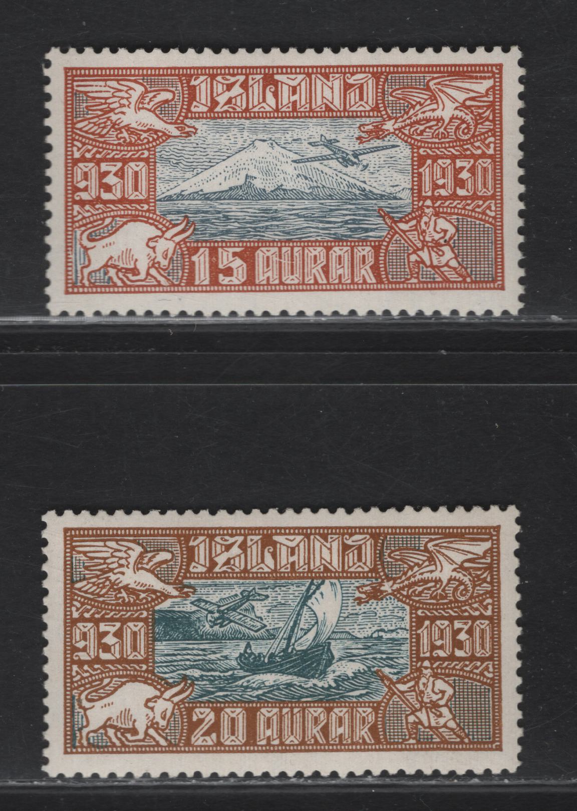 Lot 289 Iceland SC#C4-C5 15a - 20c Orange Brown & Dull Blue - Bistre Brown & Slate Blue Snaefellsjokull Extinct Volcano - Fishing Boat, 1930 Parliament Millenary Airmail Issue, 2 VFOG Singles