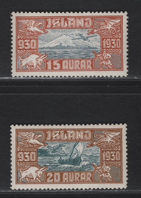 Lot 289 Iceland SC#C4-C5 15a - 20c Orange Brown & Dull Blue - Bistre Brown & Slate Blue Snaefellsjokull Extinct Volcano - Fishing Boat, 1930 Parliament Millenary Airmail Issue, 2 VFOG Singles
