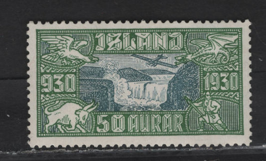 Lot 291 Iceland SC#C7 50a Deep Green & Deep Blue Golden Falls, 1930 Parliament Millenary Airmail Issue, A VFOG Single