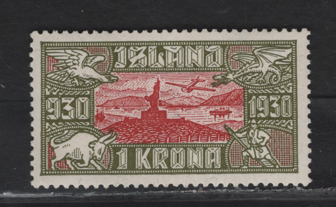 Lot 292 Iceland SC#C8 1k Olive Green & Dark Red Ingolfour Arnarson Statue, 1930 Parliament Millenary Airmail Issue, A VFOG Single