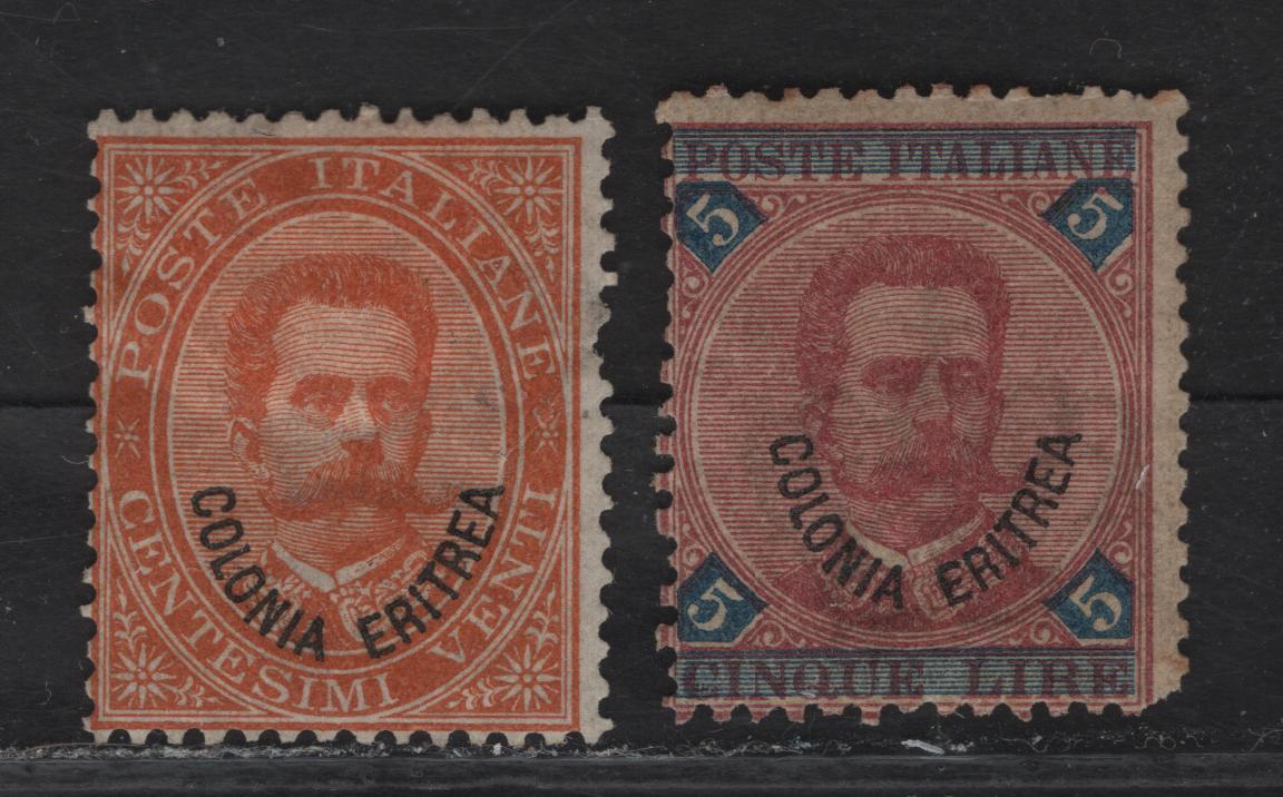 Lot 293 Eritrea SC#5, 11 20c - 5l Orange - Blue & Rose Numeral - Humbert I, 1892 Overprinted Issue Of Italy, 2 Fair/Good OG Singles, 20c Has a Wrinkle & Small Thin Through The Medallion At Left, 5l Has A Rounded LR Corner