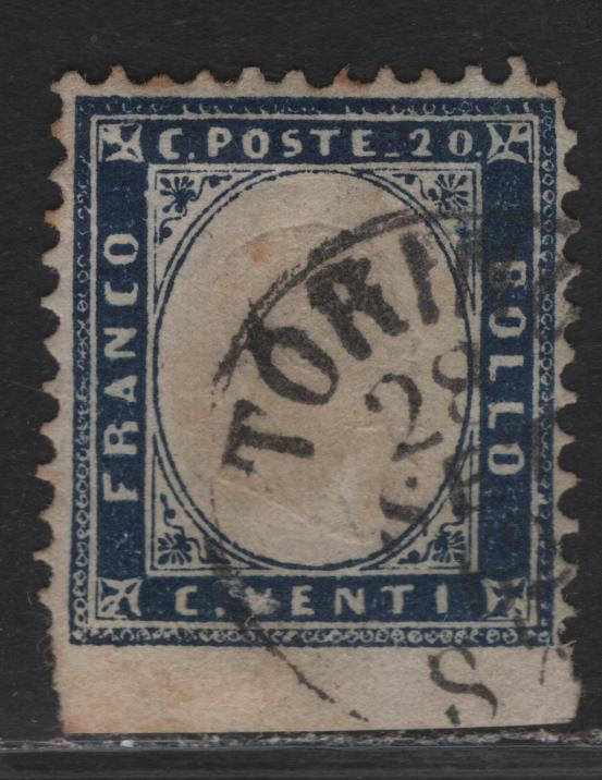 Lot 295 Italy SC#19var 20c - 5l Dark Blue Victor Emmanuel II, 1862 Victor Emmanuel II Issue, A Very Fine Used Single, Comb Perforated 11.5x12, Imperf Bottom Margin, September 28 1862 Torino CDS.