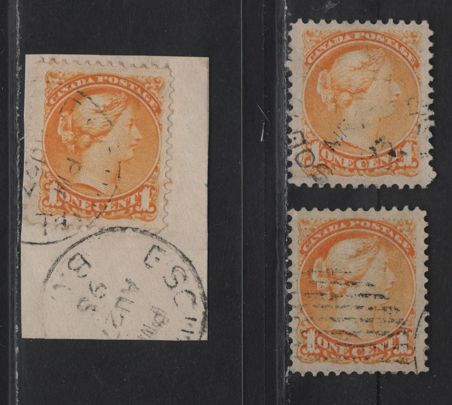 Lot 30 (C) Canada #35 1c Bright Orange Yellow Queen Victoria, 1870-1893 Small Queen Issue, 3 Very Fine Used Singles, Early To Mid Second Ottawa Printings, Papers 2O-N & 2O-S, Perfs 12 & 12x12.1.