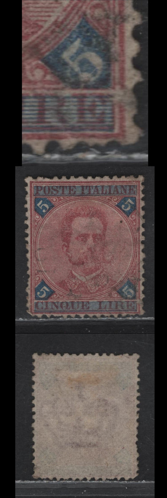 Lot 302 Italy SC#72var 5l Blue & Rose King Humert I, 1891-1896 King Humert I Issue, A Fine Used Single, VF Centering For This Issue, Some Minor Faults, Showing A Framebreak Below LR Numeral.