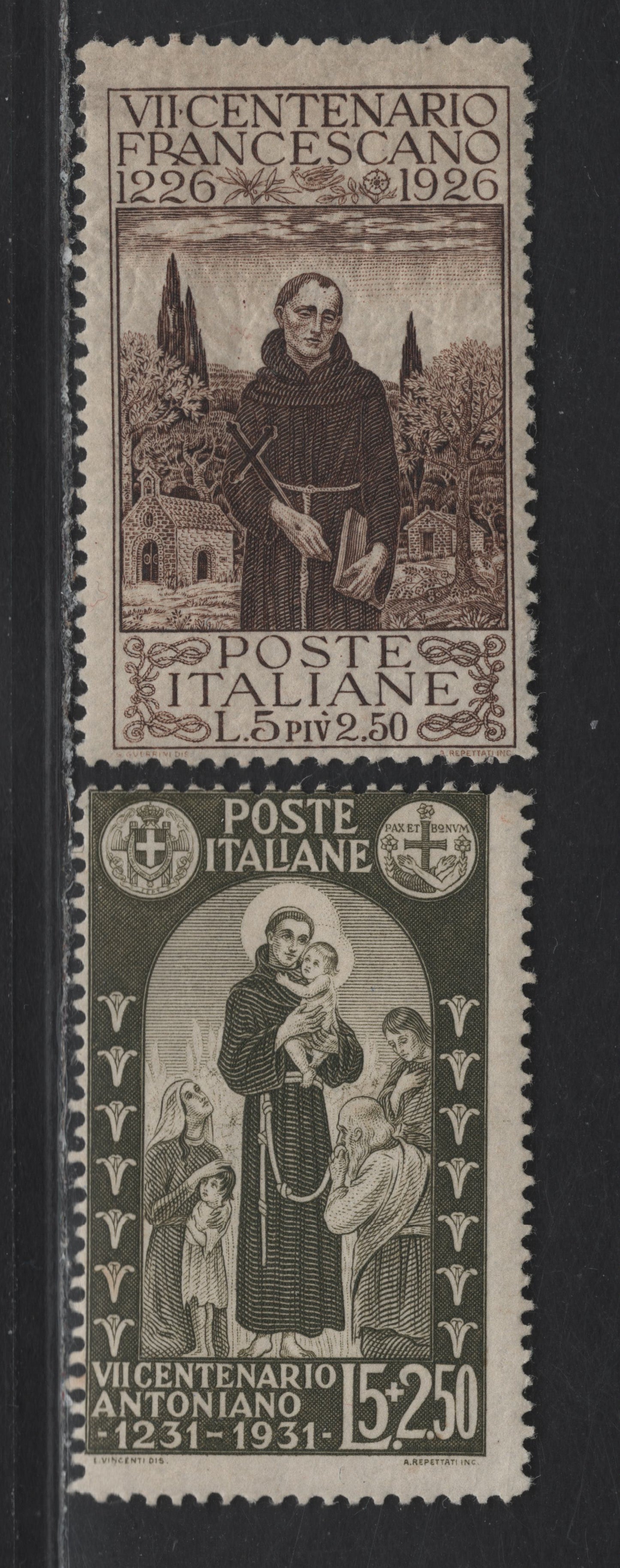 Lot 305 Italy SC#183, 264 5l+2.50l Dark Brown - Olive Green Francis Of Asissi - St Anthony, 1926-1931 St Francis Of Asissi - St Anthony Issues, 2 FOG Singles