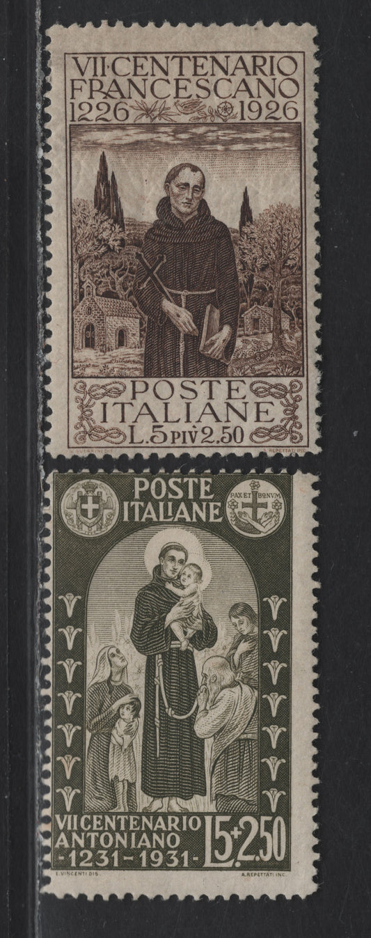 Lot 305 Italy SC#183, 264 5l+2.50l Dark Brown - Olive Green Francis Of Asissi - St Anthony, 1926-1931 St Francis Of Asissi - St Anthony Issues, 2 FOG Singles