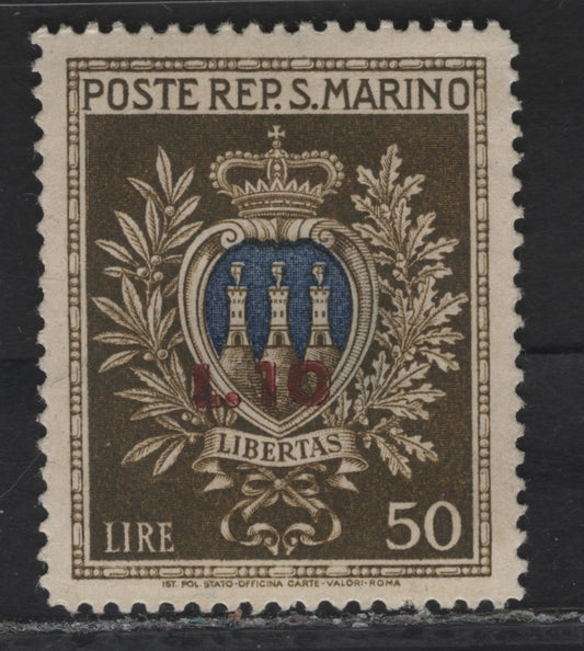 Lot 309 San Marino SC#B26 50l+10l Olive Brown & Dark Blue Coat of Arms, 1946 3rd Philatelic Day Rimini Issue, A VFOG Single