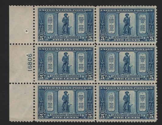 Lot 311 United States SC#619 5c Blue The Minute Man, 1925 Lexington-Concord Issue, A VFOG/NH Left Margin Block Of 6, NH On Top 2 Stamps, Minor Gum Disturbances On Bottom 4
