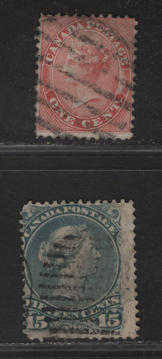 Lot 312 Canada SC#14, 30 1c - 15c Rose - Bluish Slate Queen Victoria, 1859-1876 First Cents - Large Queen Issue, 2 Good/Very Good Used Singles, Perf 12 On Cents-C Paper (1c), Perf 12.2 On MM-D Paper (15c)