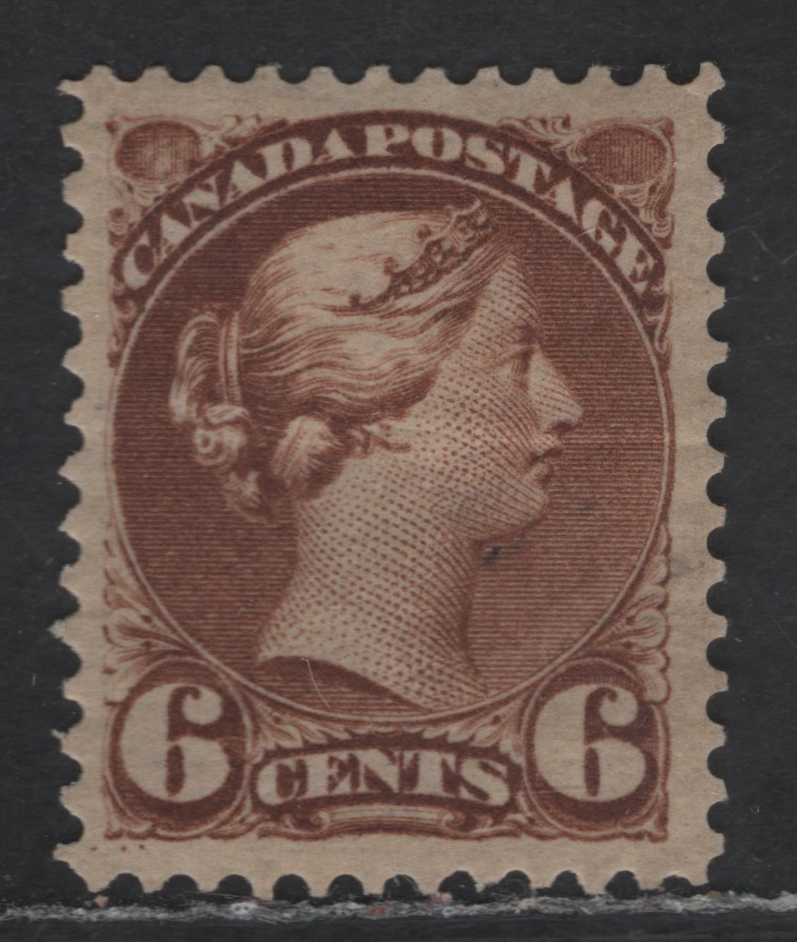 Lot 315 Canada SC#39d 6c Brown Queen Victoria, 1870-1893 Small Queen Issue, A FOG Single, Late Montreal Printing, Paper LM-F, Perf 12, Small Internal Gum Crease & Tiny Stain Near Top of Throat.