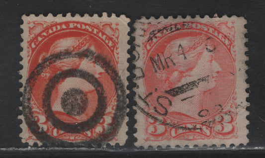 Lot 316 Canada SC#37, 41 3c Dull Red Orange - Vermillion Queen Victoria, 1870-1897 Small Queen Issue, 2 Fine/Very Fine Used Singles, Mid Montreal & Second Ottawa Printings, Papers MM-D & 2O-E, Perf 12, Saint John NB Precursor Squared Circle Cancel.