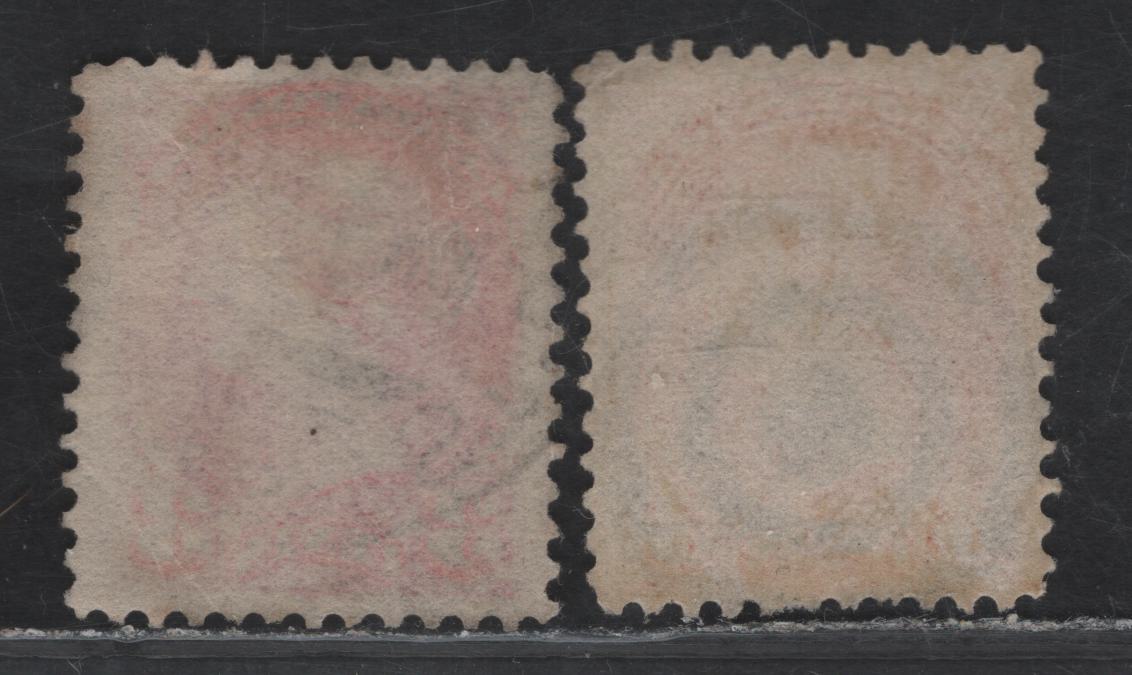 Lot 316 Canada SC#37, 41 3c Dull Red Orange - Vermillion Queen Victoria, 1870-1897 Small Queen Issue, 2 Fine/Very Fine Used Singles, Mid Montreal & Second Ottawa Printings, Papers MM-D & 2O-E, Perf 12, Saint John NB Precursor Squared Circle Cancel.