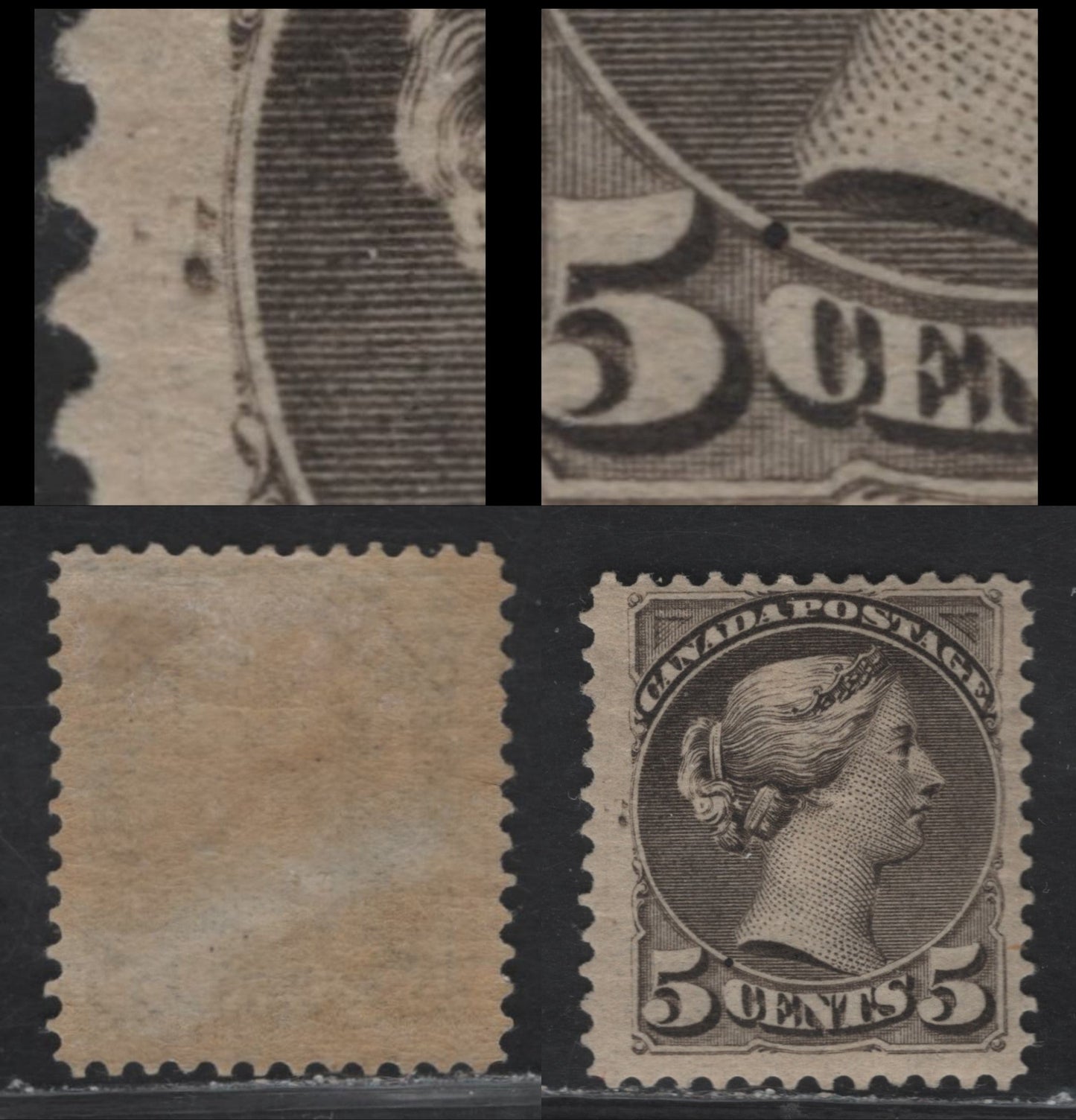 Lot 318 Canada SC#42 5c Deep Brownish Black Queen Victoria, 1888-1897 Small Queen Issue, A FOG Single, Early 2nd Ottawa Printing, Paper 2O-B, Perf 12, Showing Two Unusual Plate Flaws.