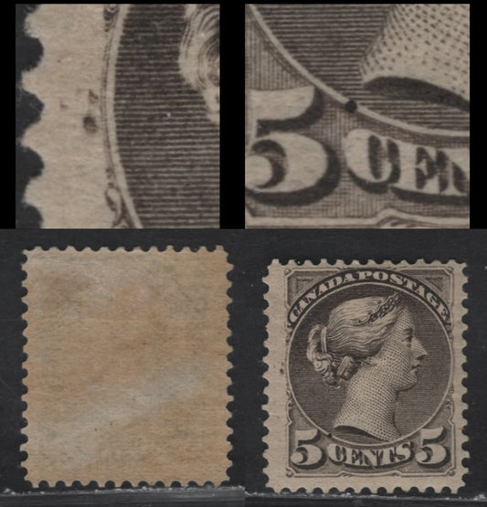 Lot 318 Canada SC#42 5c Deep Brownish Black Queen Victoria, 1888-1897 Small Queen Issue, A FOG Single, Early 2nd Ottawa Printing, Paper 2O-B, Perf 12, Showing Two Unusual Plate Flaws.