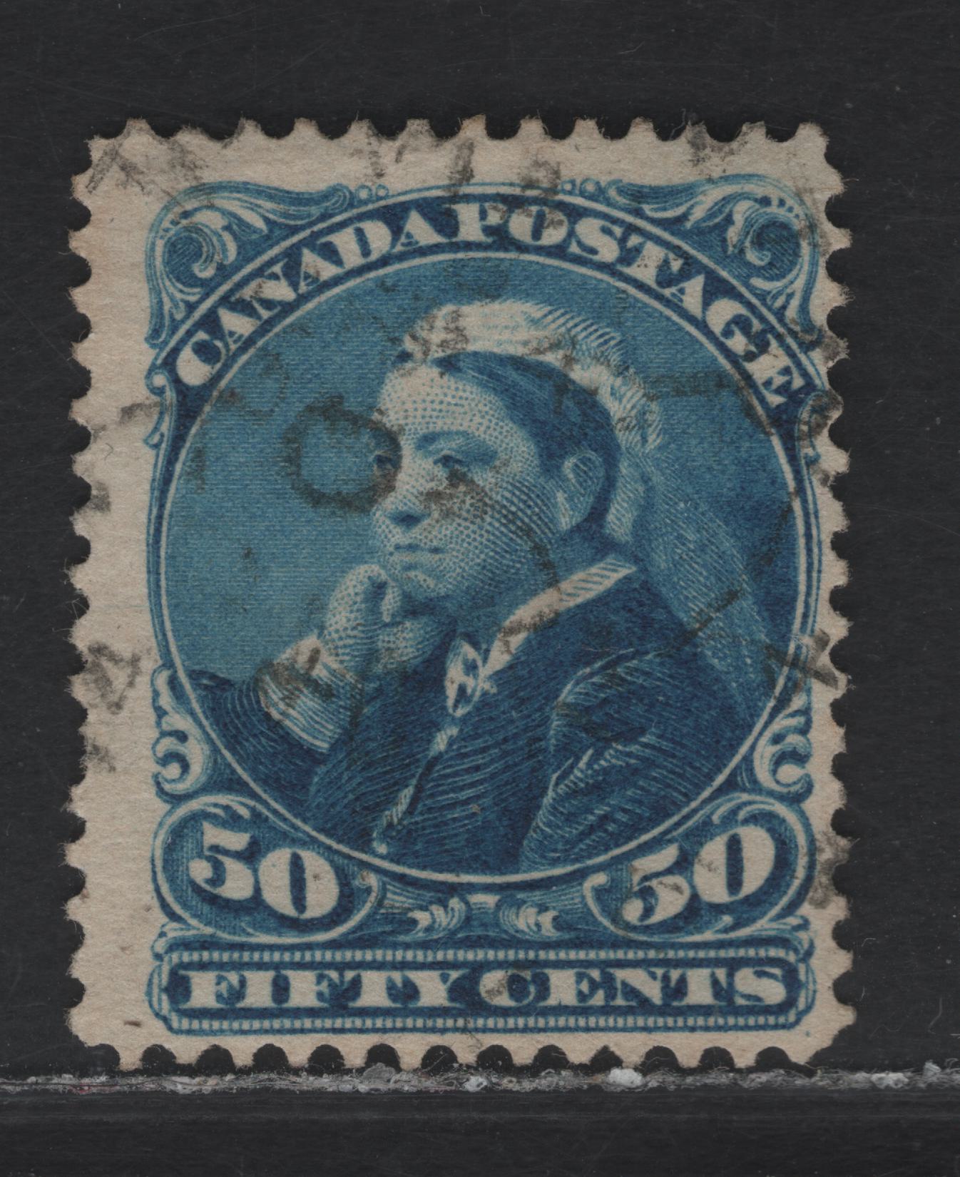 Lot 320 Canada SC#47 50c Blue Queen Victoria, 1888-1897 Small Queen Issue, A Fine Used Single, Mid Second Ottawa Printing, Paper 2O-FF, Perf 12, Small Internal Paper Wrinkle At The Top.