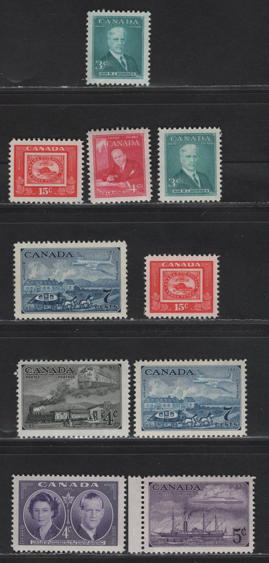 Lot 321 Canada SC#303-304, 311-315 3c - 4c Turquoise Green - Violet Sir Robert Borden - Duchess & Duke Of Edinburgh, 1951 Prime Ministers - Royal Visit Issues, 10 F/VFNH Singles, Includes 2 Shades Of #303 & #313, Smooth & Vertically Ribbed Paper On #314