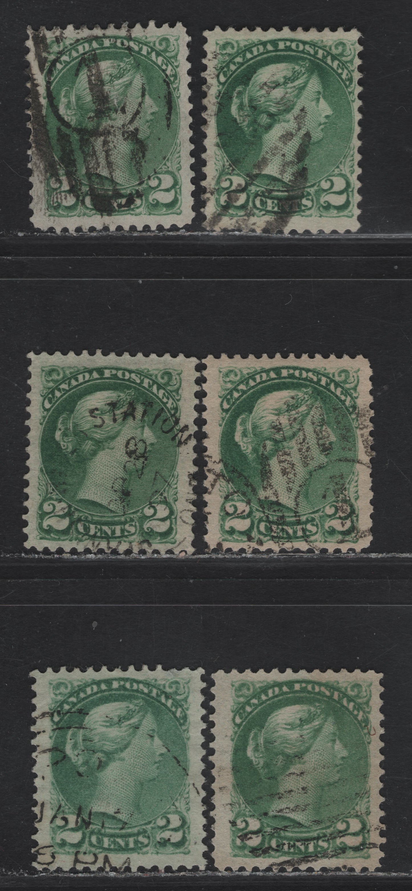 Lot 35 (C) Canada #36, 36i 2c Dull Green & Green Queen Victoria, 1870-1893 Small Queen Issue, 6 Fine/Very Fine Used Singles, Late Montreal & Second Ottawa Printings, Different Papers & Perfs