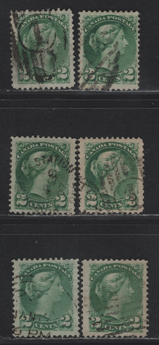 Lot 35 (C) Canada #36, 36i 2c Dull Green & Green Queen Victoria, 1870-1893 Small Queen Issue, 6 Fine/Very Fine Used Singles, Late Montreal & Second Ottawa Printings, Different Papers & Perfs