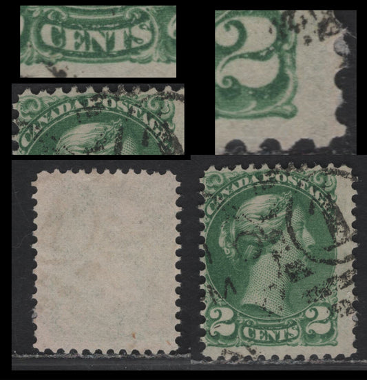 Lot 38 (C) Canada #36i 2c Dull Green Queen Victoria, 1870-1893 Small Queen Issue, A Very Good Used Single, Early 2nd Ottawa Printing, Paper 2O-F, Perf 12, Showing Extensive Dry Inking Near Top & Bottom Text Tablets.