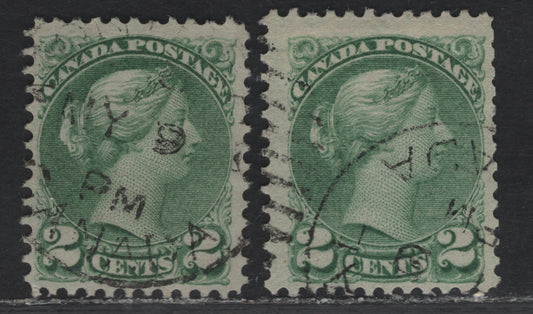 Lot 39 (C) Canada #36i 2c Pale Grass Green Queen Victoria, 1870-1893 Small Queen Issue, 2 Fine/Very Fine Used Singles, Early to Mid Second Ottawa Printings, Paper 2O-E, Perf 12x12.1, Scarcer Shade For This Period.