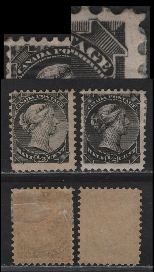 Lot 3 (C) Canada #34, 34i 1/2c Black & Gray Black Queen Victoria, 1870-1893 Small Queen Issue, 2 FOG Singles, Late Montreal Printings, Papers LM-J & LM-O, Perfs 12x12.1 (Black) & 12 (Gray Black), Showing Minor Re-Entries On Black Stamp.