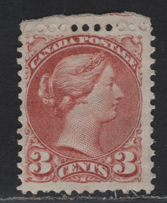 Lot 40 (C) Canada #37a 3c Rose Queen Victoria, 1870-1893 Small Queen Issue, A VGOG Single, 1st Ottawa Printing, Perf 12, Light Diagonal Bend, Not A Full Crease.