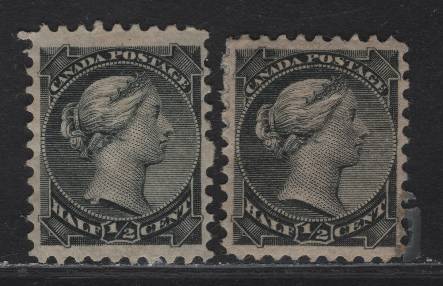 Lot 4 (C) Canada #34 1/2c Silver Black & Black Queen Victoria, 1870-1893 Small Queen Issue, 2 VFOG Singles, Late Montreal & Early Second Ottawa Printings, Papers LM-O & 2O-C, Perf 12.