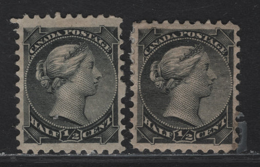 Lot 4 (C) Canada #34 1/2c Silver Black & Black Queen Victoria, 1870-1893 Small Queen Issue, 2 VFOG Singles, Late Montreal & Early Second Ottawa Printings, Papers LM-O & 2O-C, Perf 12.