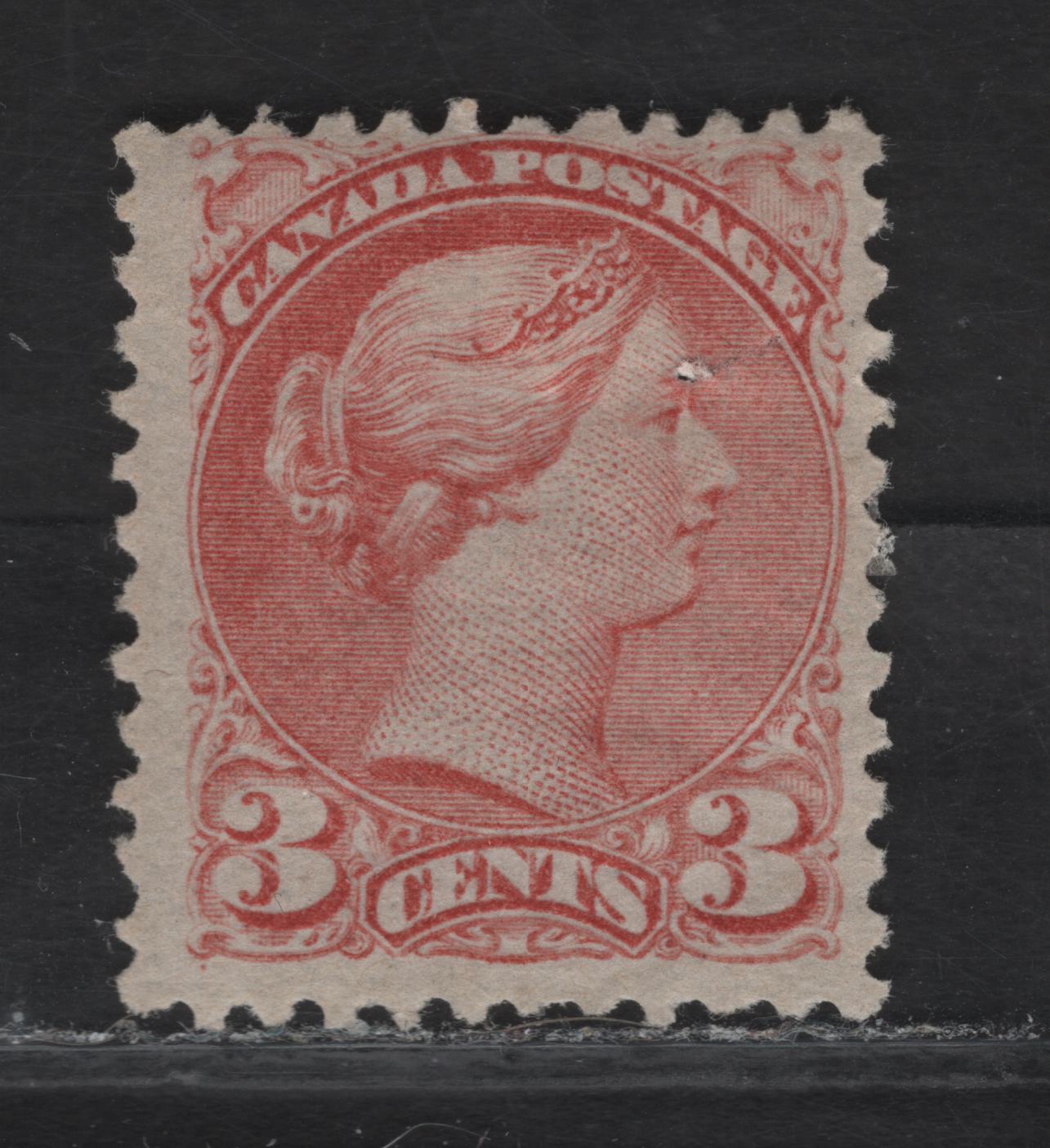 Lot 45 (C) Canada #37a 3c Pale Rose Red Queen Victoria, 1870-1893 Small Queen Issue, A GOG Single, Early Montreal Printing, Paper MM-Q, Perf 12, Small Staple Hole Near The Queen's Forehead.