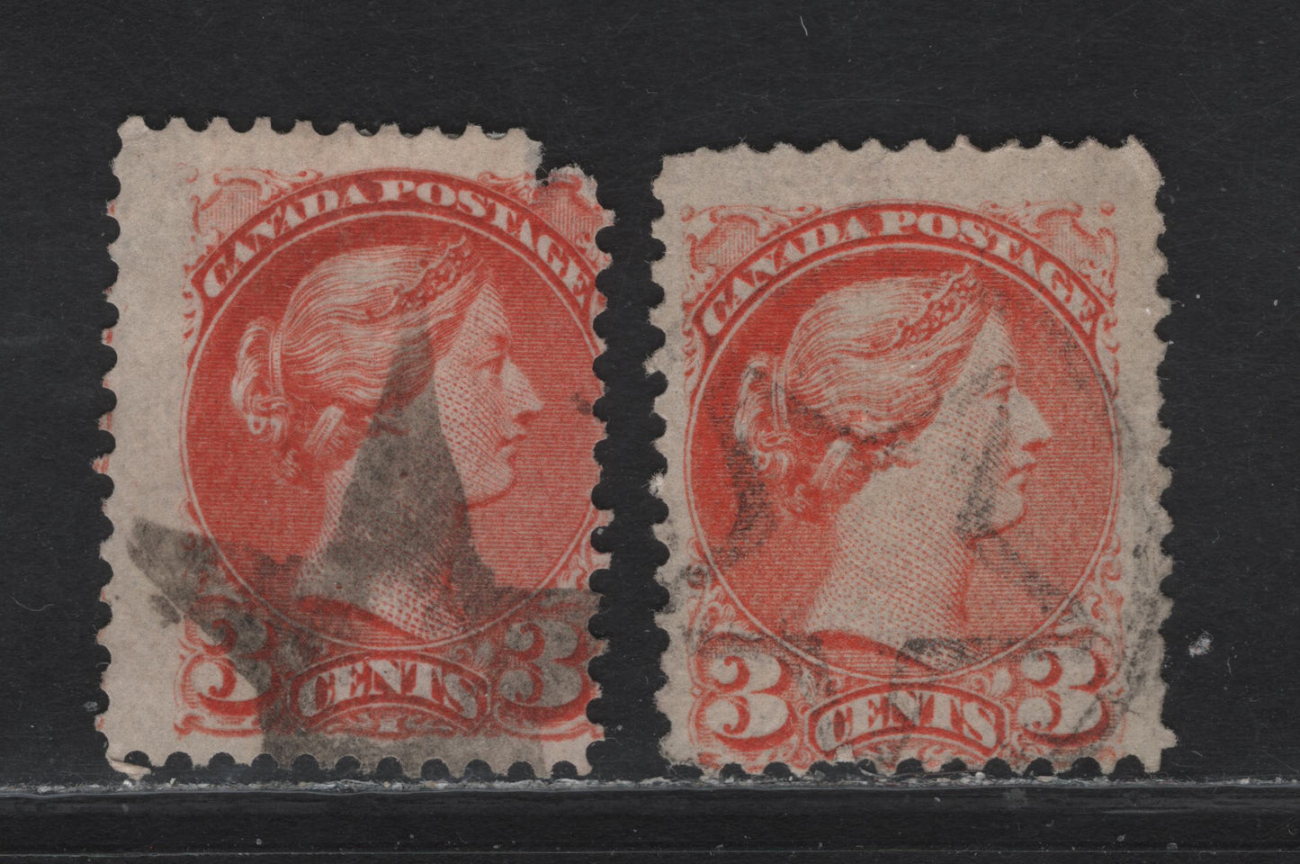 Lot 49 (C) Canada #37 3c Orange Queen Victoria, 1870-1893 Small Queen Issue, 2 Ungraded Used Singles, Mid Montreal Printings, Negative (Paper MM-O) & Positive (MM-R) Star Cancels, Perfs 12 & 12x12.1.