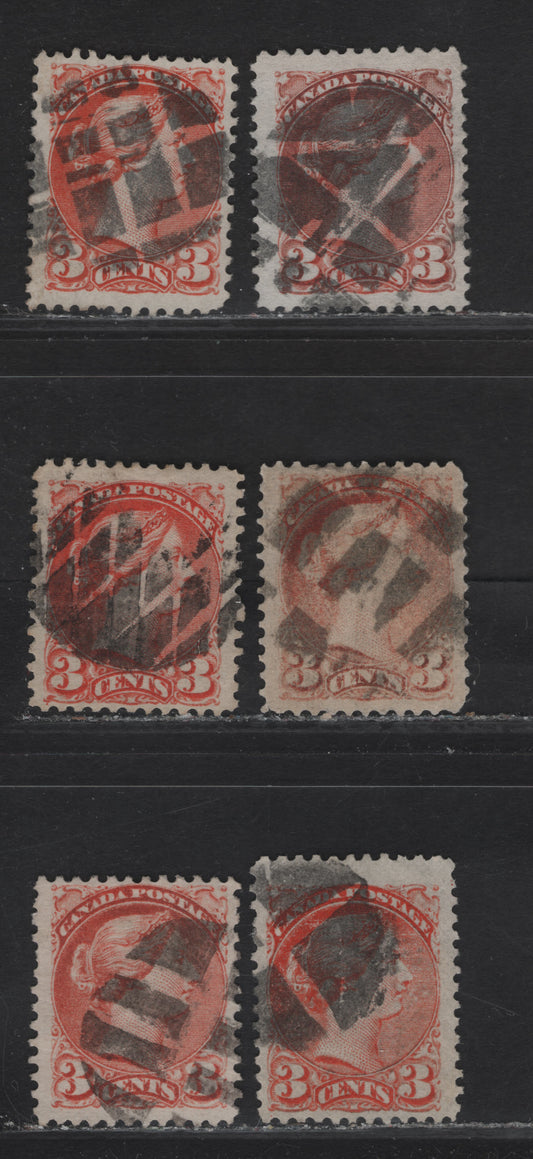 Lot 50 (C) Canada #37, 37c 3c Orange Red - Dull Orange Red Queen Victoria, 1870-1893 Small Queen Issue, 6 Very Good/Fine Used Singles, Mid Montreal Printings, Different Papers, Fancy Geometric Cork Cancels, 4 Have Pos. Dots At LL & 2 Have No Dots.