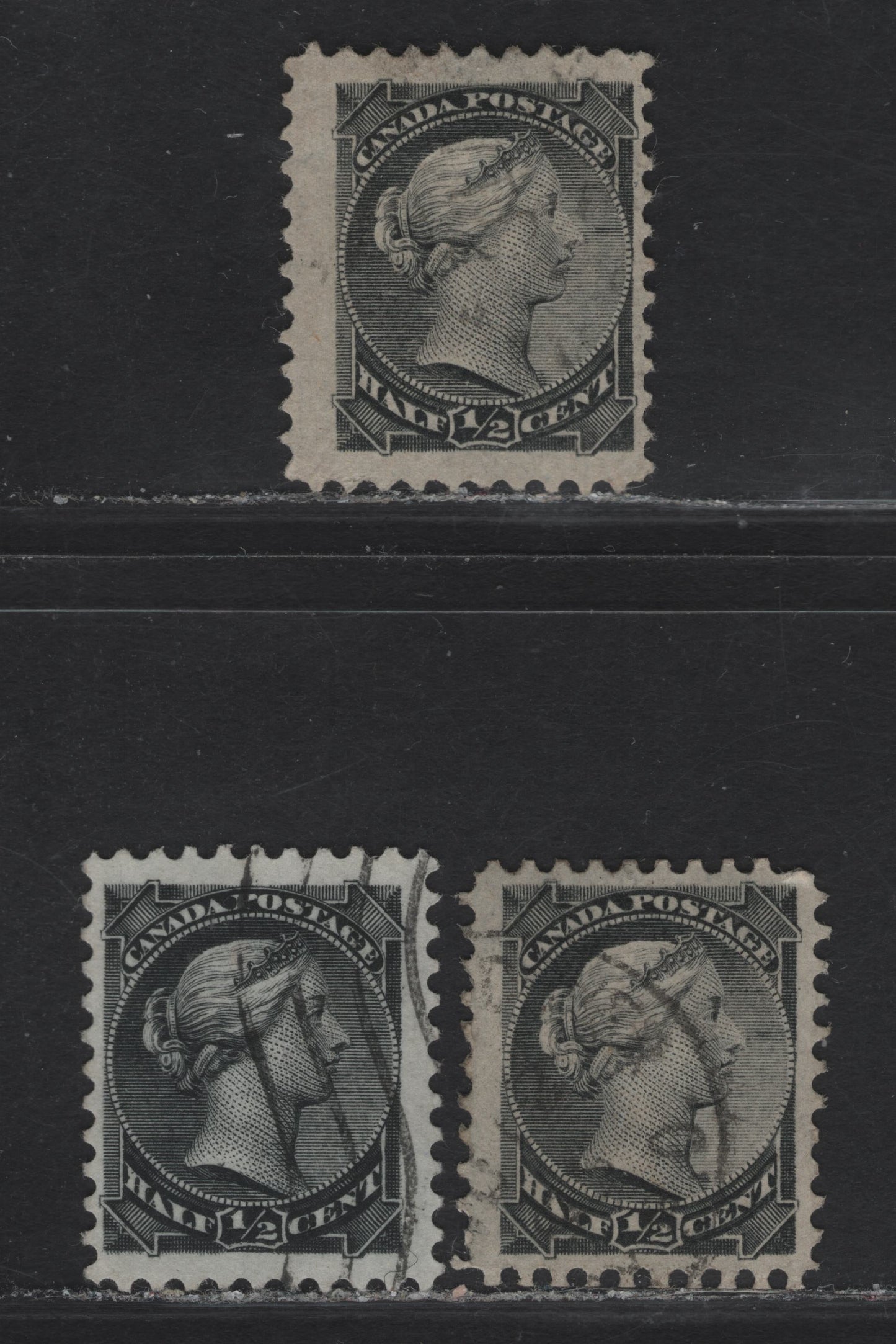Lot 5 (C) Canada #34, 34i 1/2c Silver Black & Gray Black Queen Victoria, 1870-1893 Small Queen Issue, 3 Fine Used Singles, Late Montreal & Early Second Ottawa Printings, Papers LM-O & 2O-JJ, Perfs 12.1x12 & 12, All With Minor Re-Entries.